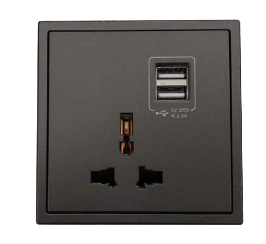 Ổ cắm đa tiêu chuẩn và 2 cổng sạc USB vuông màu ghi xám Simon 70E725-61