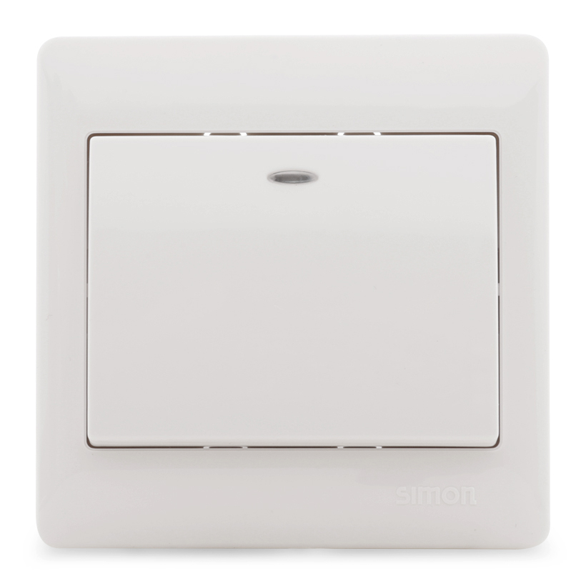 Bộ công tắc đơn vuông 2 chiều có đèn báo LED màu trắng Simon 51012BD