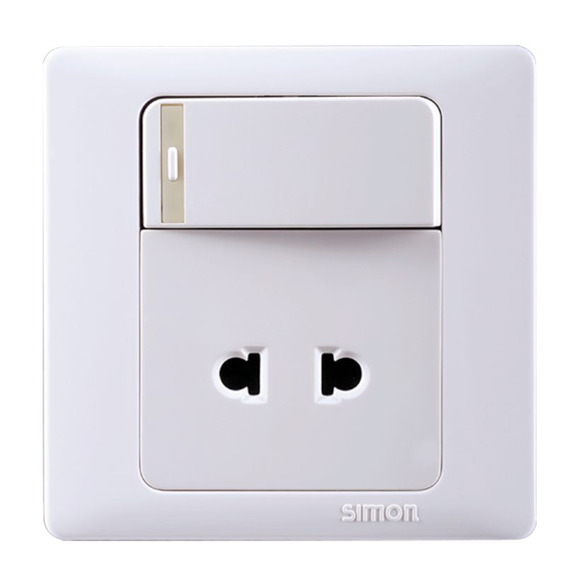 Bộ ổ cắm 2 chấu và công tắc 1 chiều đế vuông màu trắng Simon 51074BTY