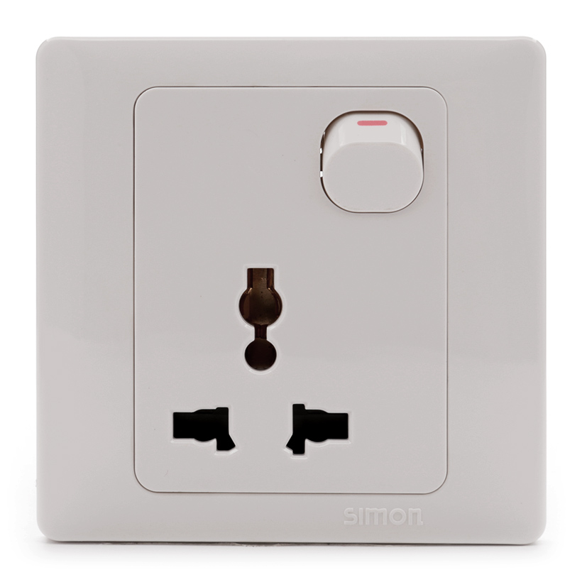 Ổ cắm 3 chấu đa tiêu chuẩn vuông kèm công tắc màu trắng Simon 51089B