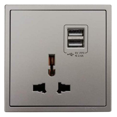 Ổ cắm đa tiêu chuẩn và 2 cổng sạc USB vuông màu champagne Simon 70E725-46