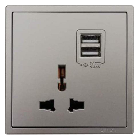 Ổ cắm đa tiêu chuẩn và 2 cổng sạc USB vuông màu champagne Simon 70E725-46