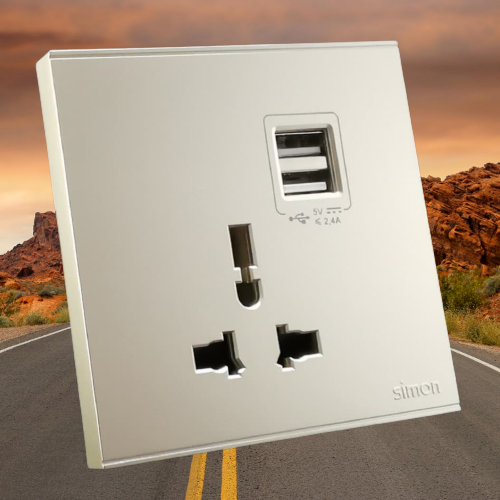 Ổ cắm đơn đa tiêu chuẩn kèm sạc USB vuông màu champagne Simon E6 72E725-46