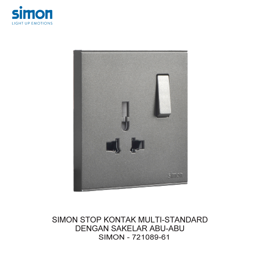 Ổ cắm đa tiêu chuẩn 13A kèm công tắc màu ghi xám Simon E6 721089-61